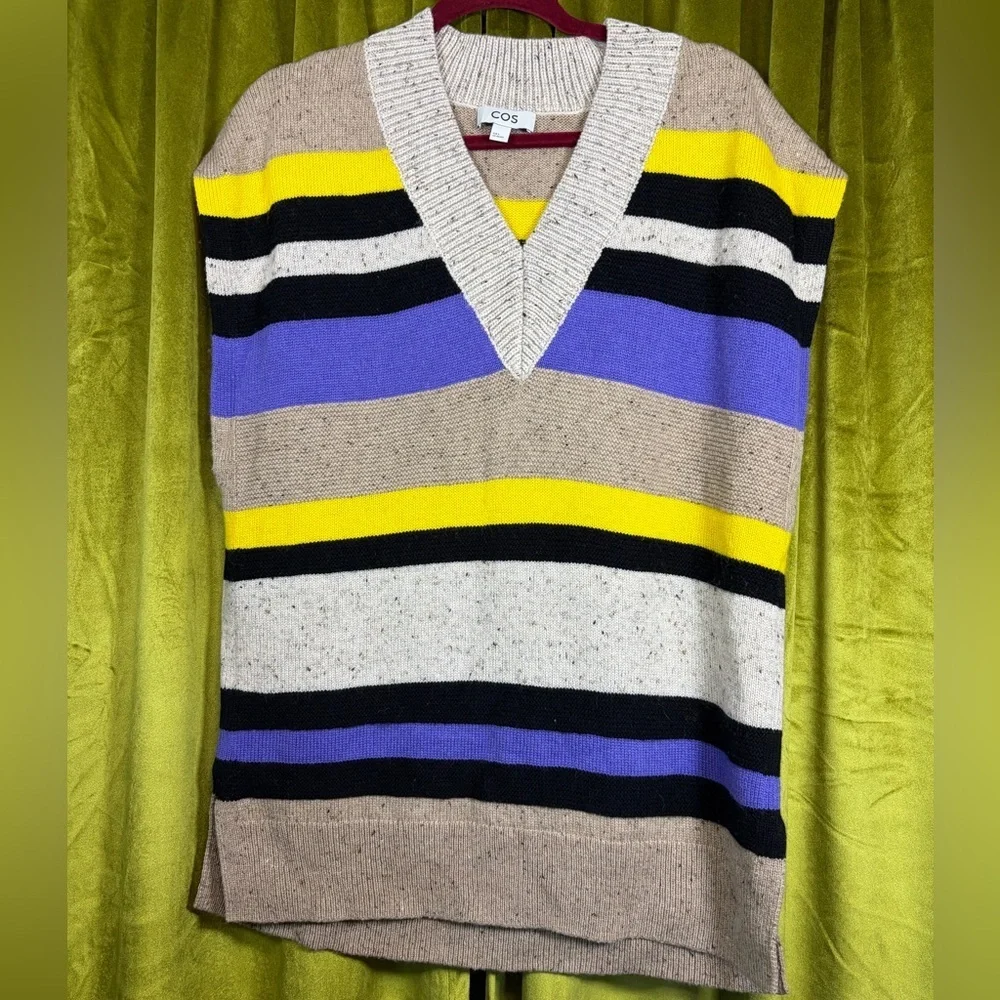 COS Multicolor Pure Wool Striped Vest with V Neck and Ribbed Trim. Small $100